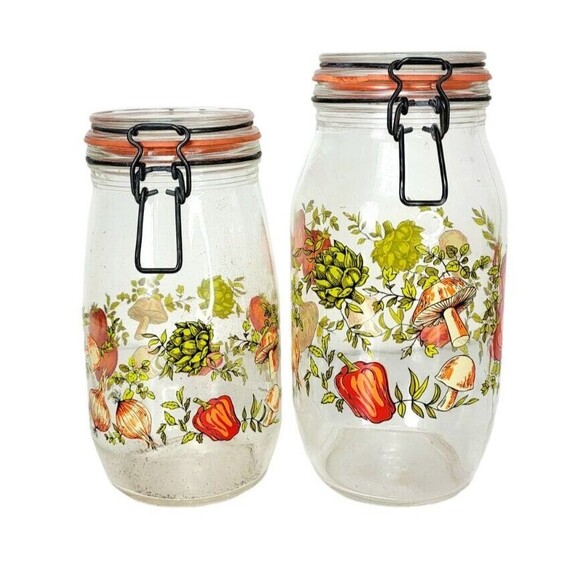 VTG 70s MCM Spice of Life CorningWare Glass Mushroom Vegetable Jars 1.5  2 liter - Picture 1 of 13